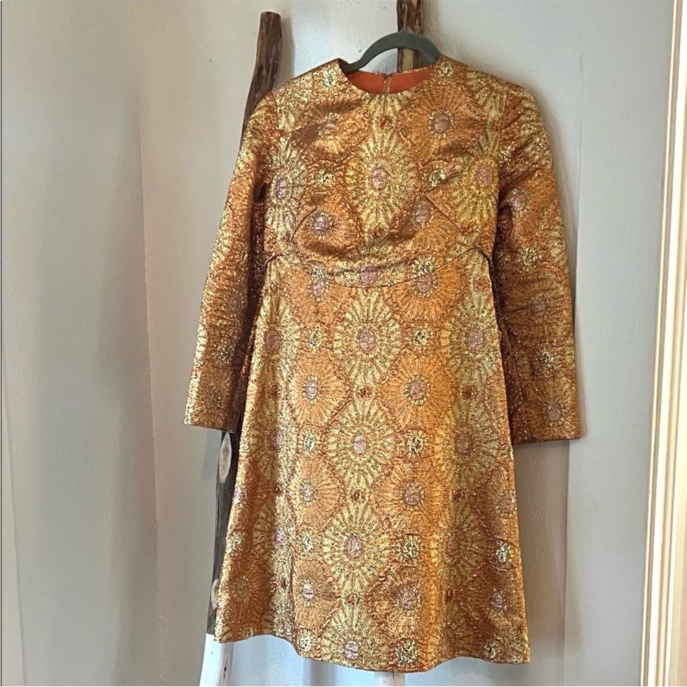 Vintage OOAK 70s Metallic Gold Pink Copper Long Sleeve Bow Back Dress Small